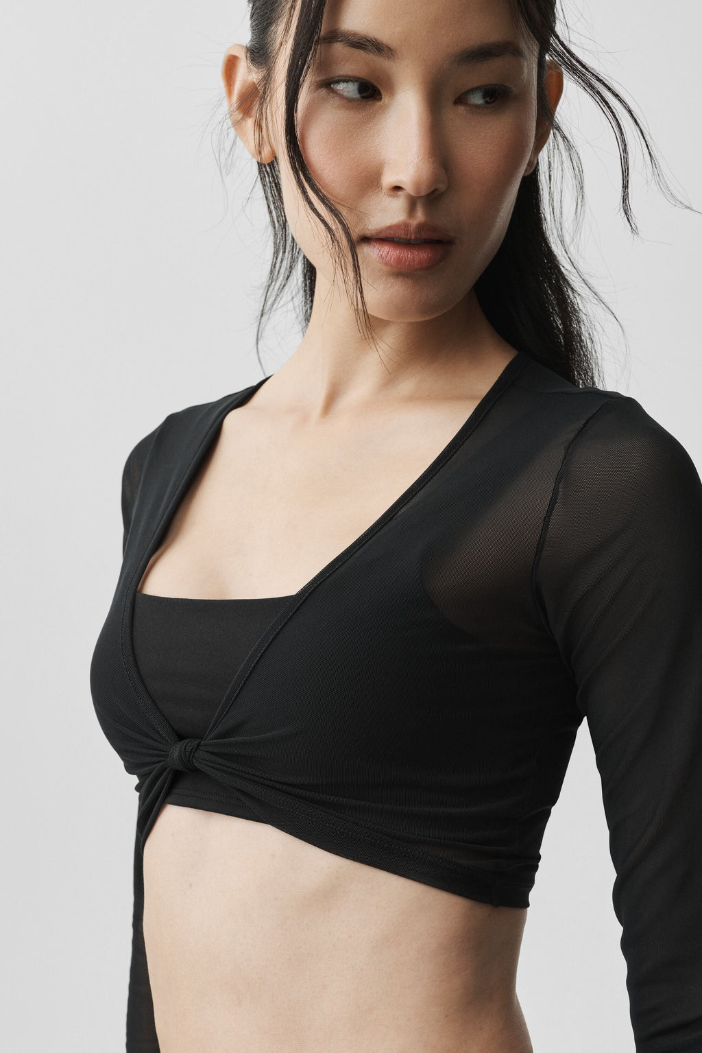 Mesh Knotty 3/4 Sleeve Top - Black