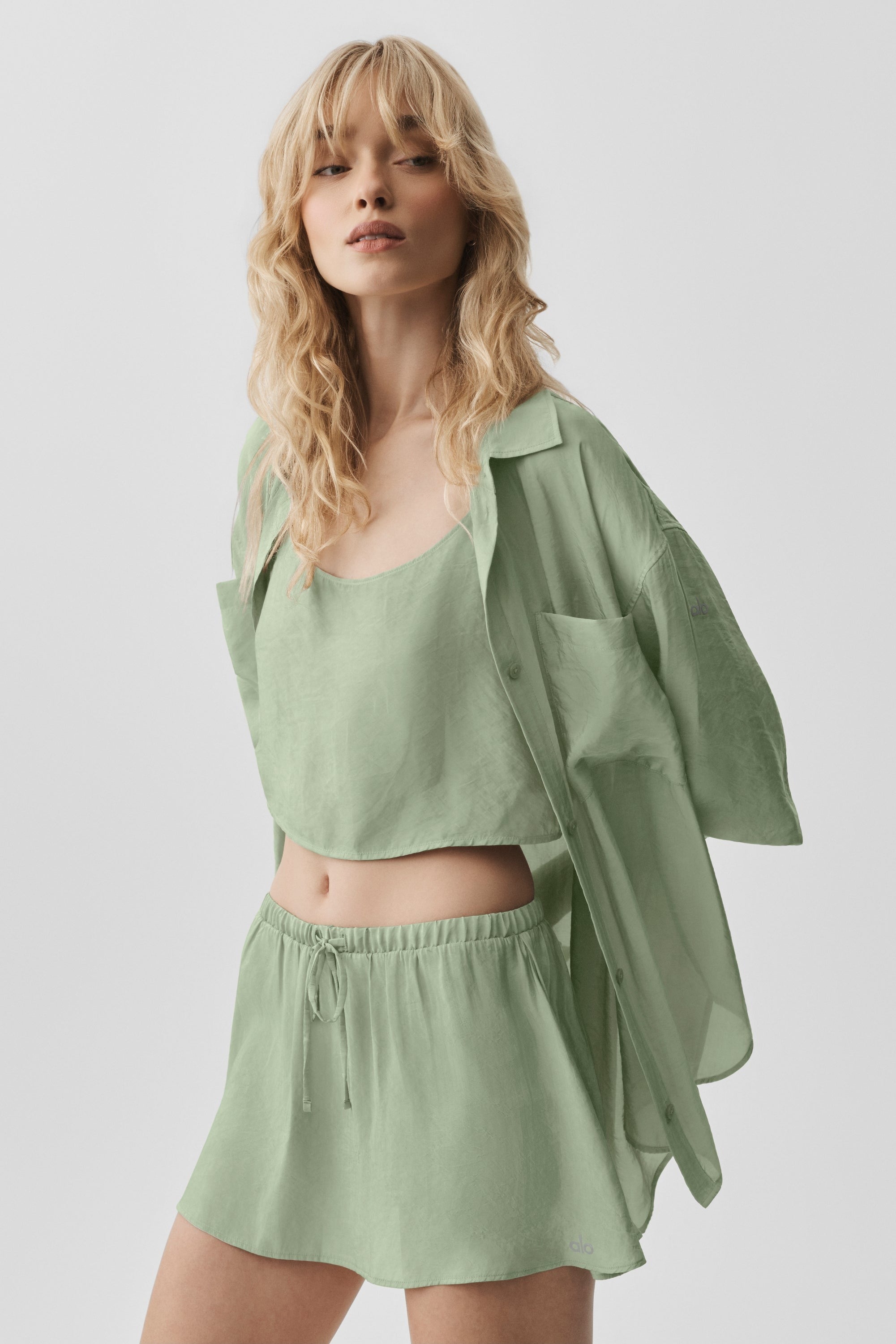 Semi-Sheer Golden Hour Button Down Long Sleeve - Dune Grass