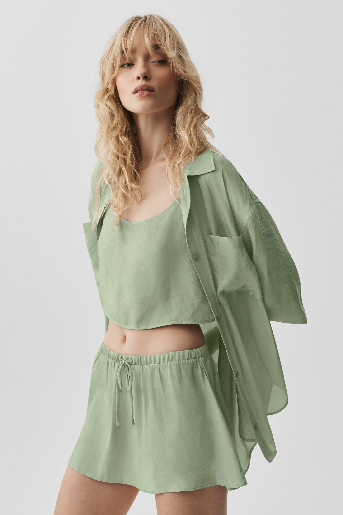 Semi-Sheer Golden Hour Button Down Long Sleeve - Dune Grass