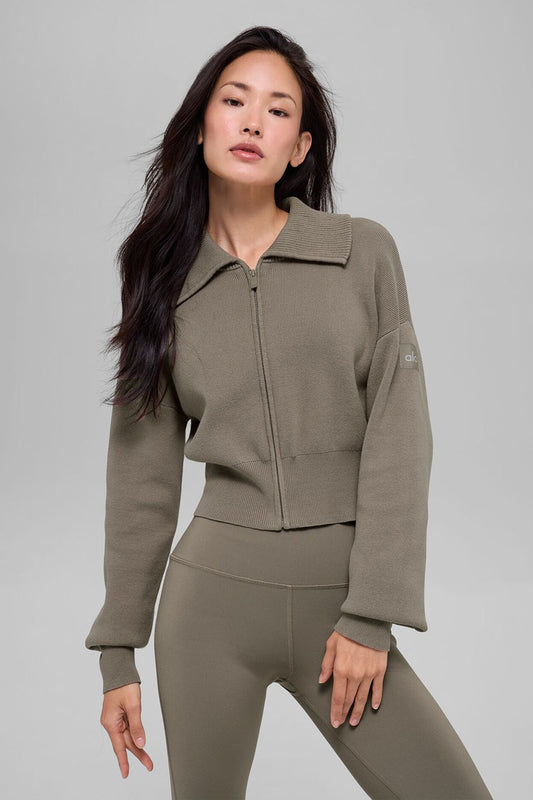 Scholar Knit Cropped Full Zip Jacket - Light Cocoa