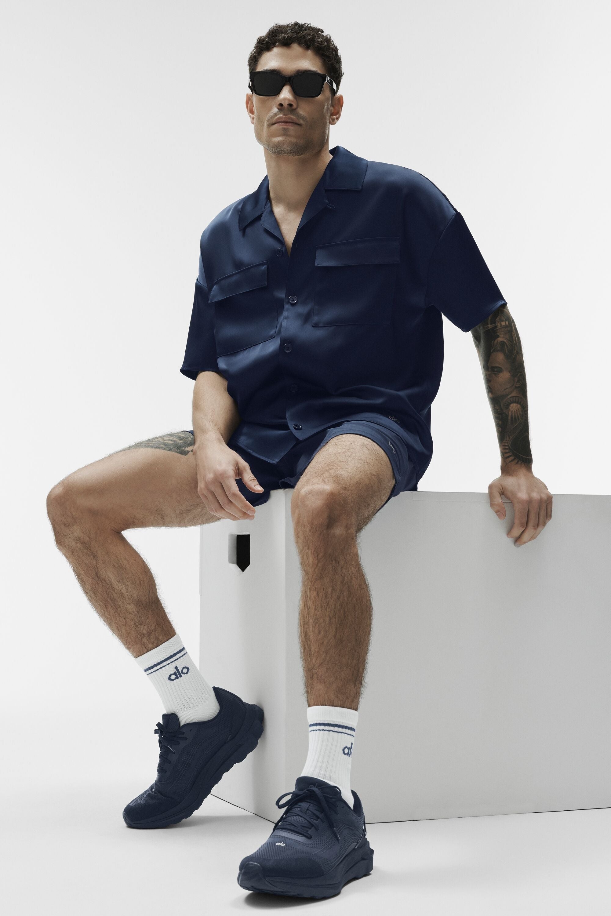 Satin Horizon Short Sleeve Button Up - Navy