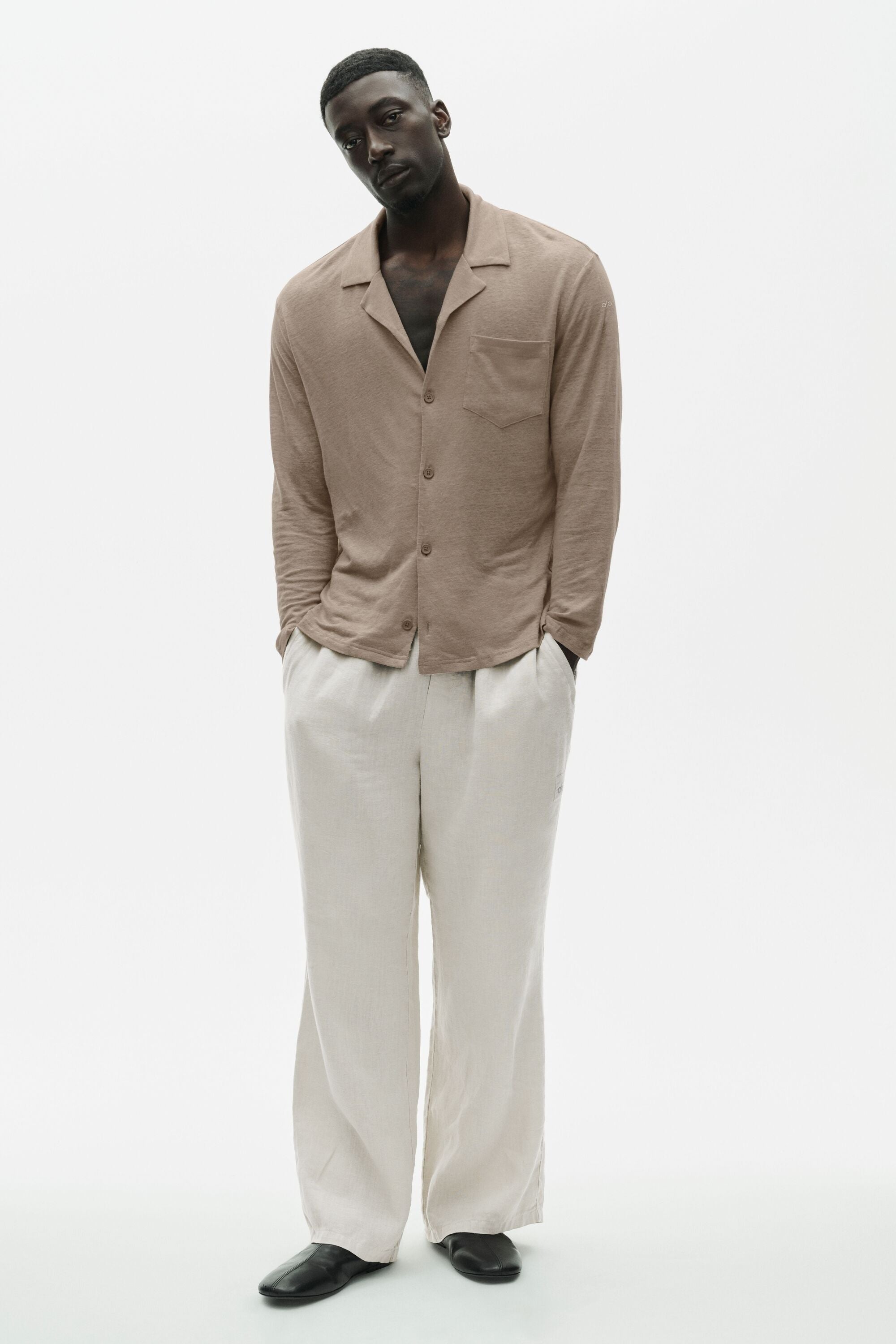 Linen Jersey Coastal Long Sleeve Button Up - Gravel