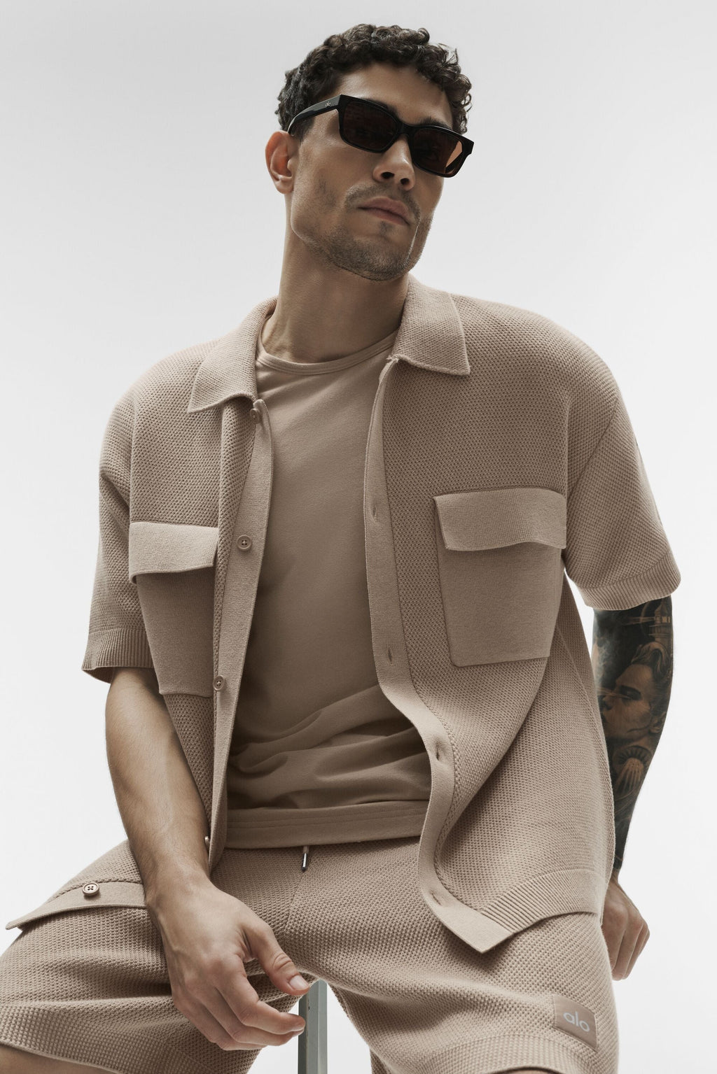 Sports Club Sweater Knit Short Sleeve Button Up - Gravel