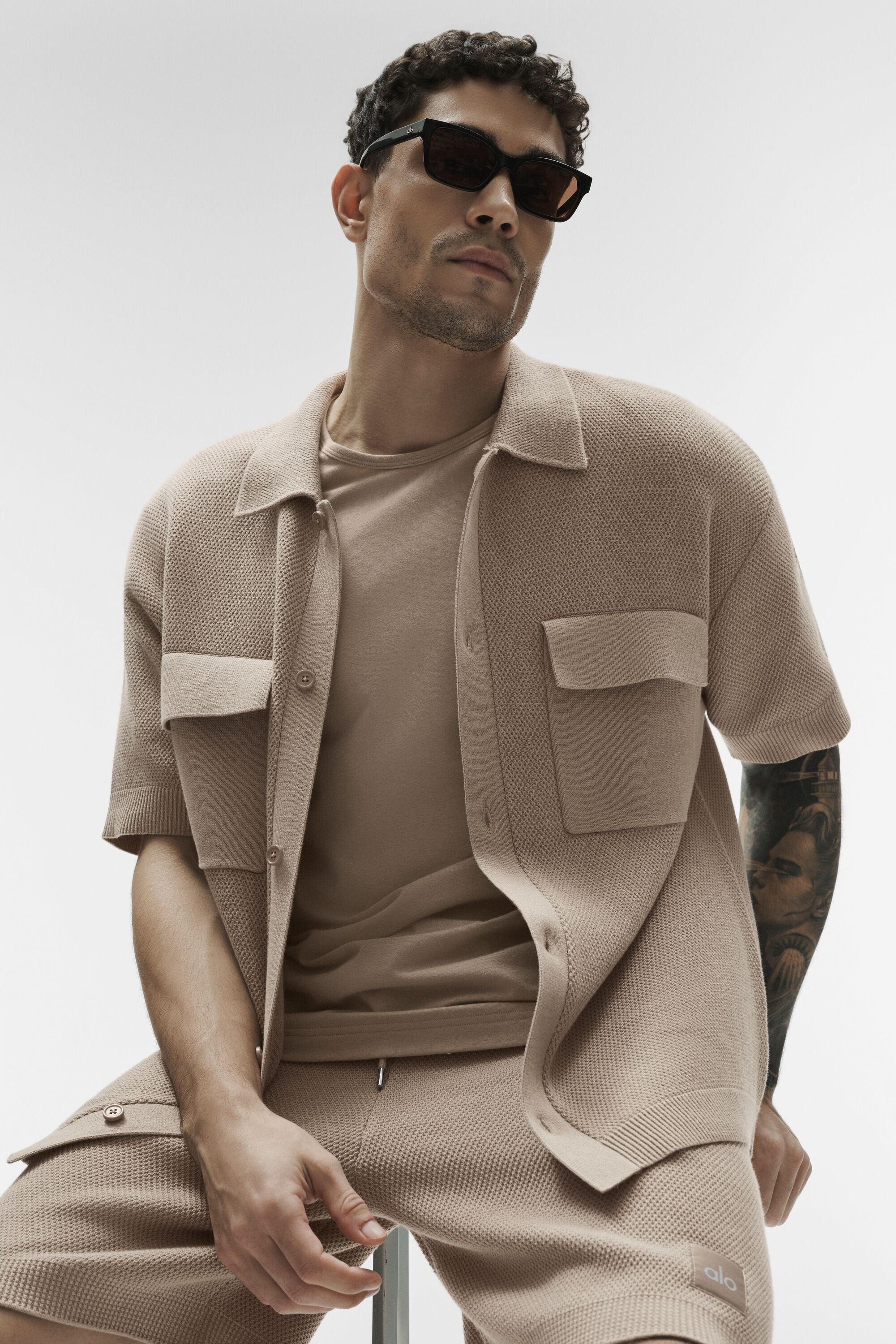 Sports Club Sweater Knit Short Sleeve Button Up - Gravel