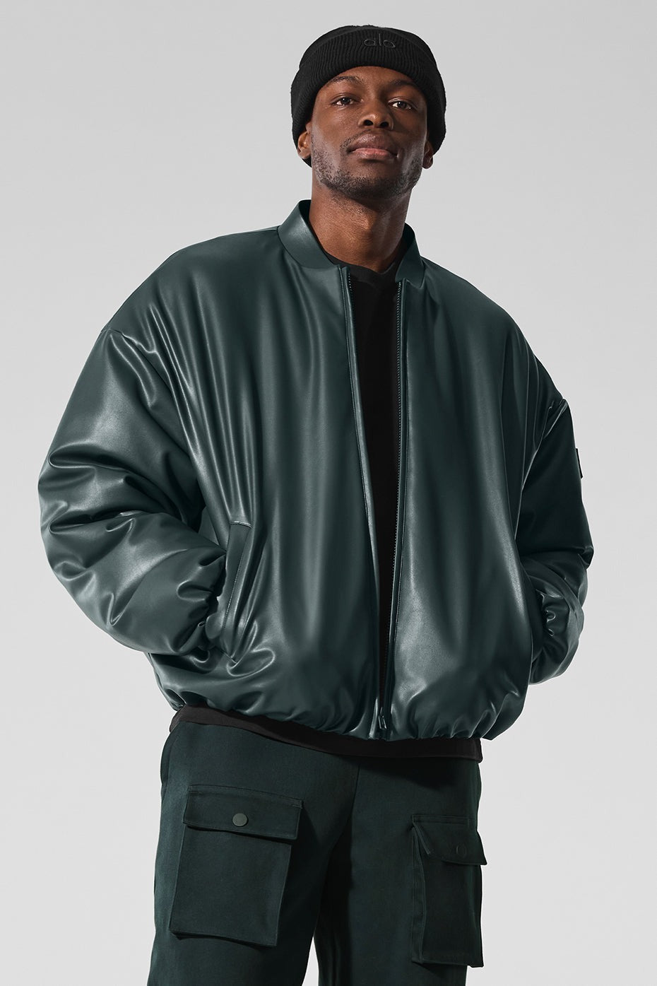 Faux Leather Premier Bomber - Charcoal Green