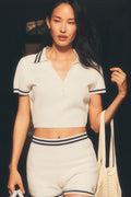 Tennis Club Sweater Knit Cropped Polo - Ivory/Navy