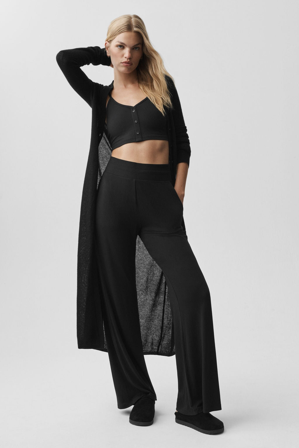 Semi-Sheer Delicate Lounge Flare Pant (Long) - Black