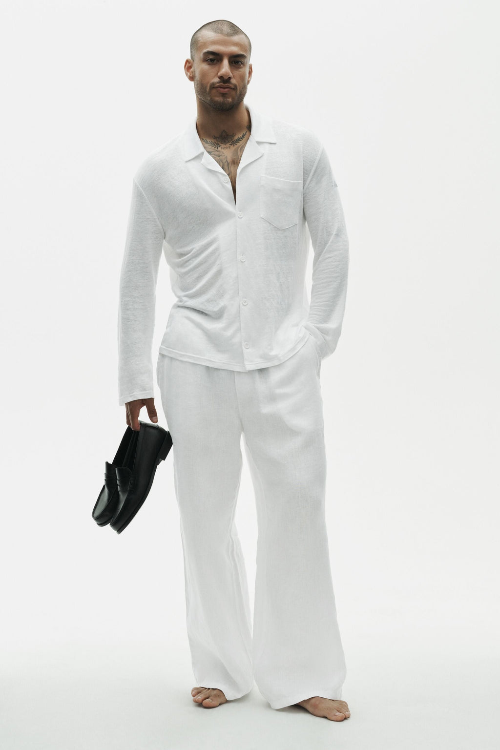 Linen Jersey Coastal Long Sleeve Button Up - White