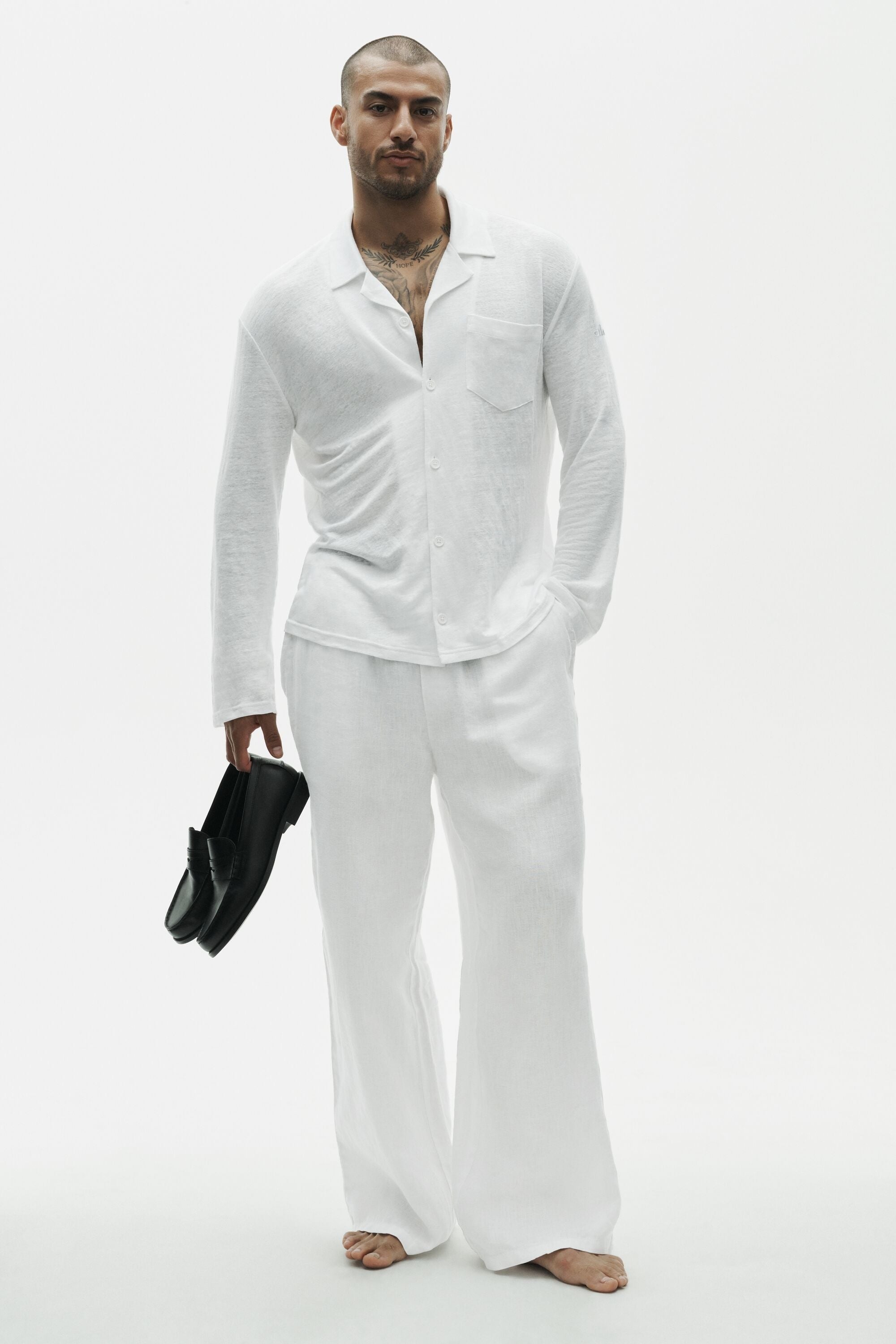 Linen Jersey Coastal Long Sleeve Button Up - White