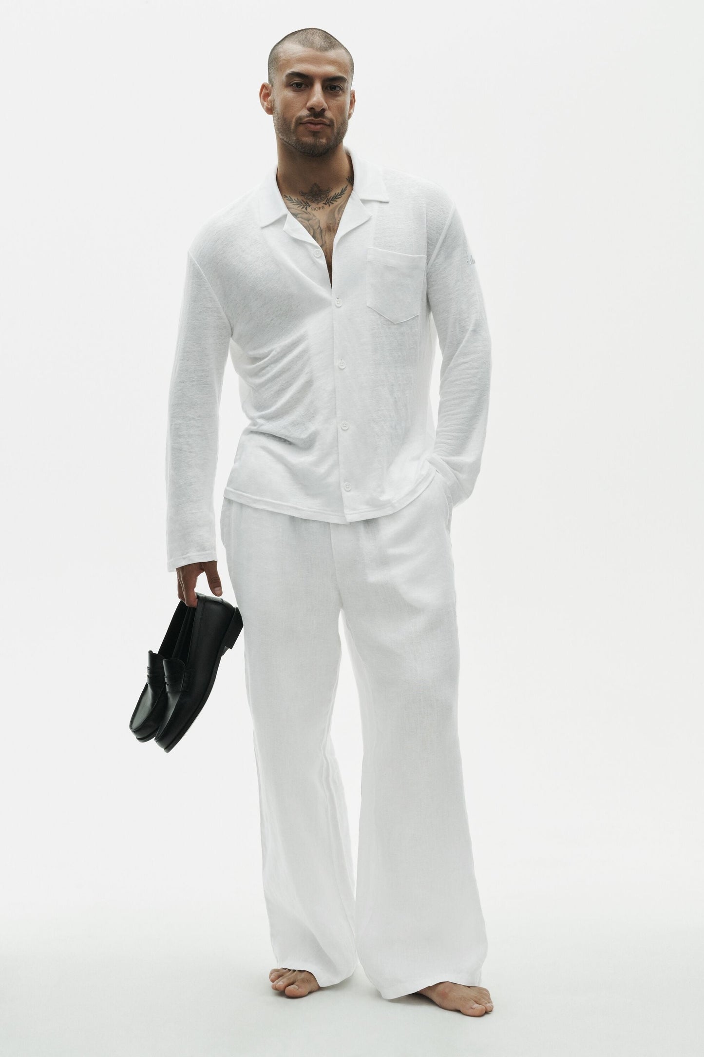 Linen Jersey Coastal Long Sleeve Button Up - White