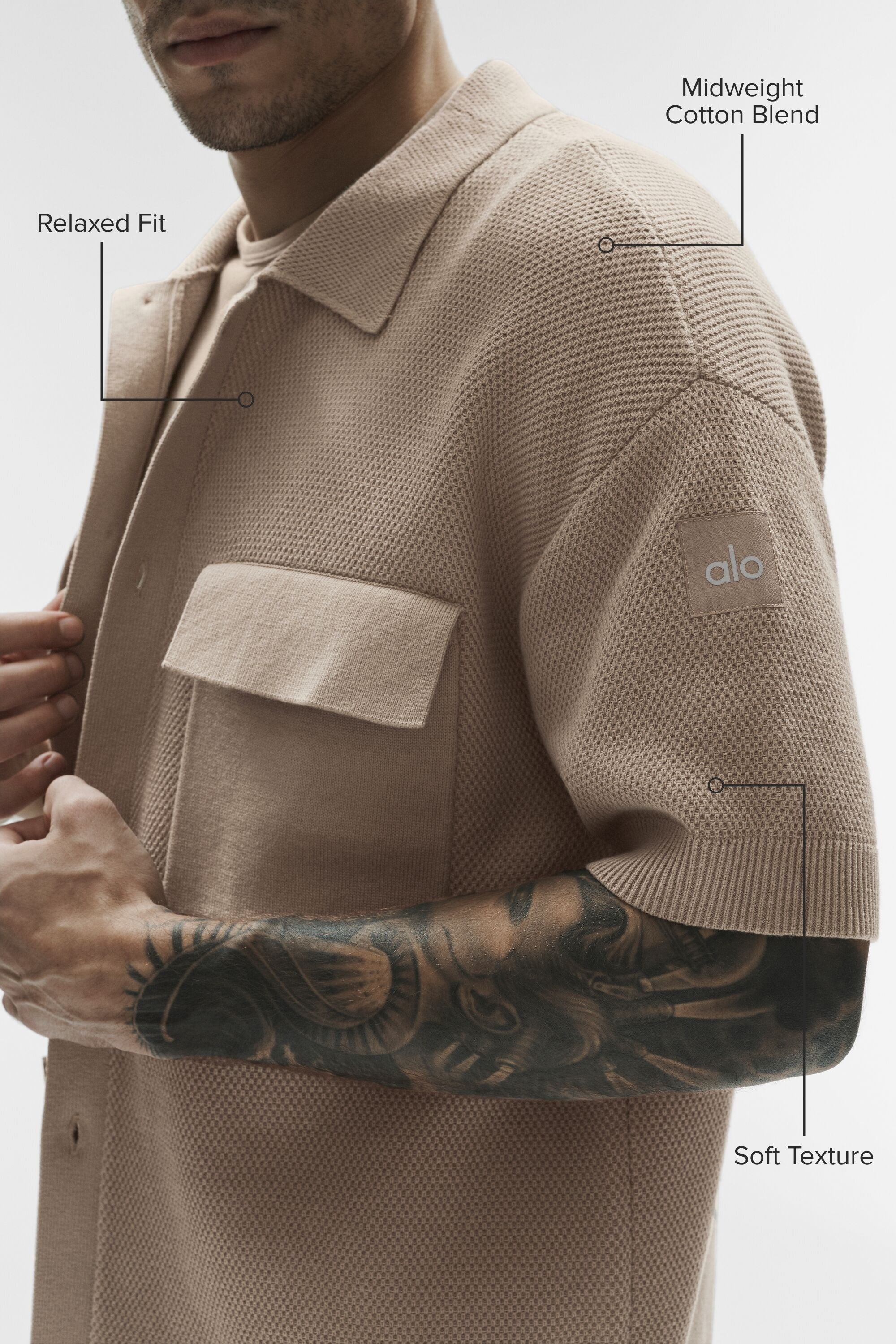 Sports Club Sweater Knit Short Sleeve Button Up - Gravel