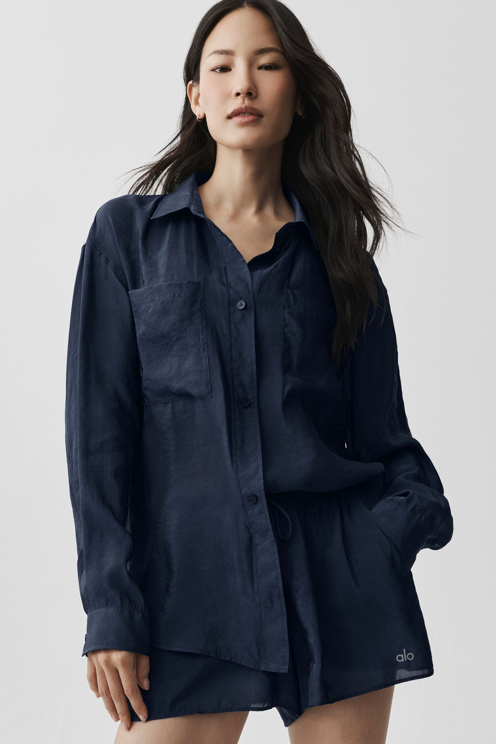 Semi-Sheer Golden Hour Button Down Long Sleeve - Navy