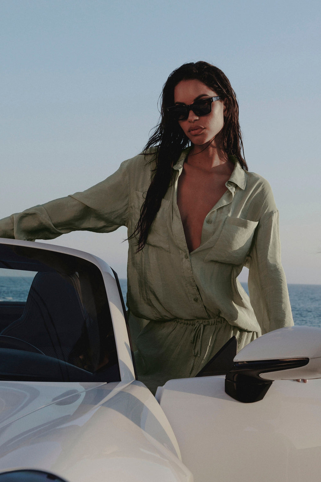 Semi-Sheer Golden Hour Button Down Long Sleeve - Dune Grass