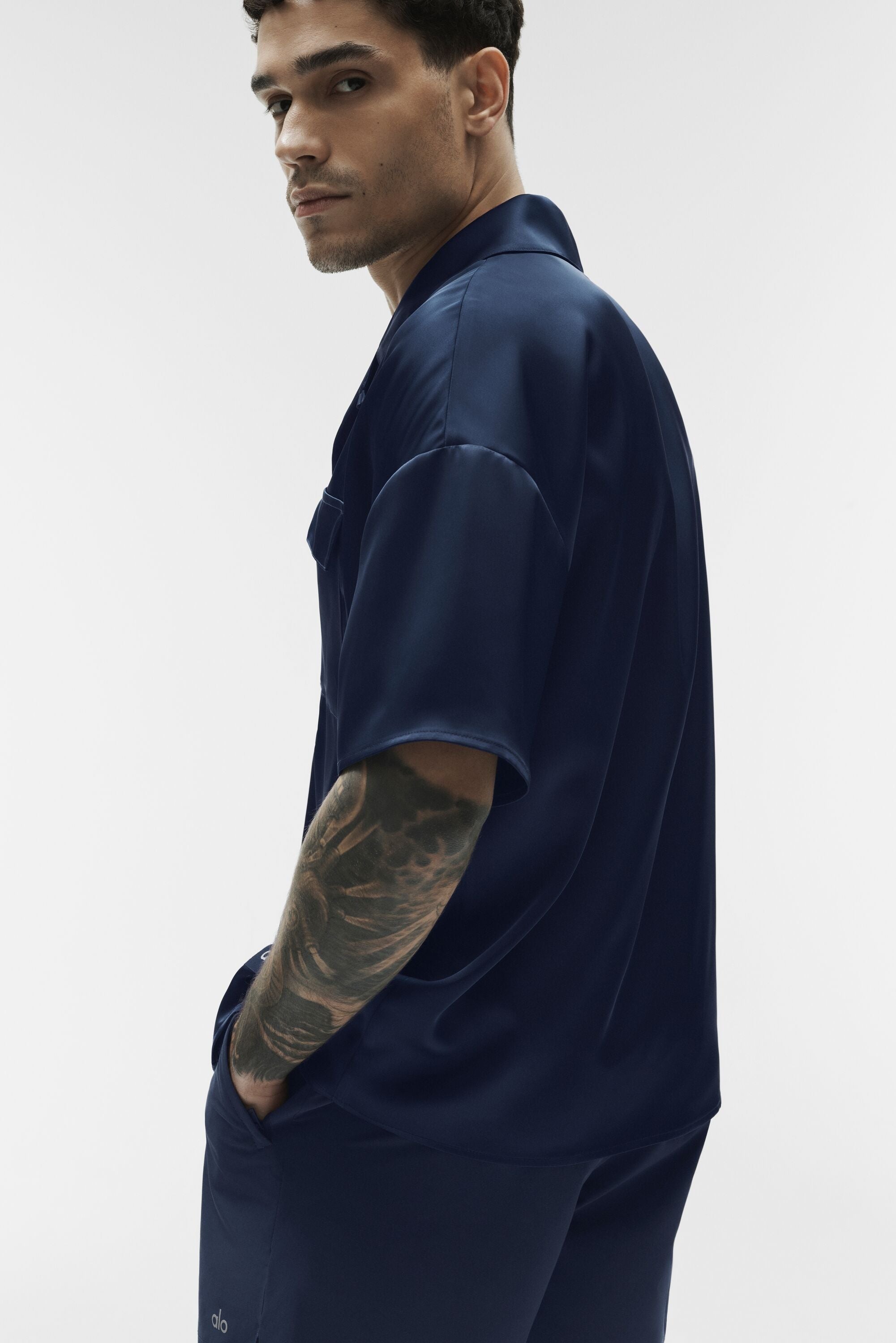 Satin Horizon Short Sleeve Button Up - Navy