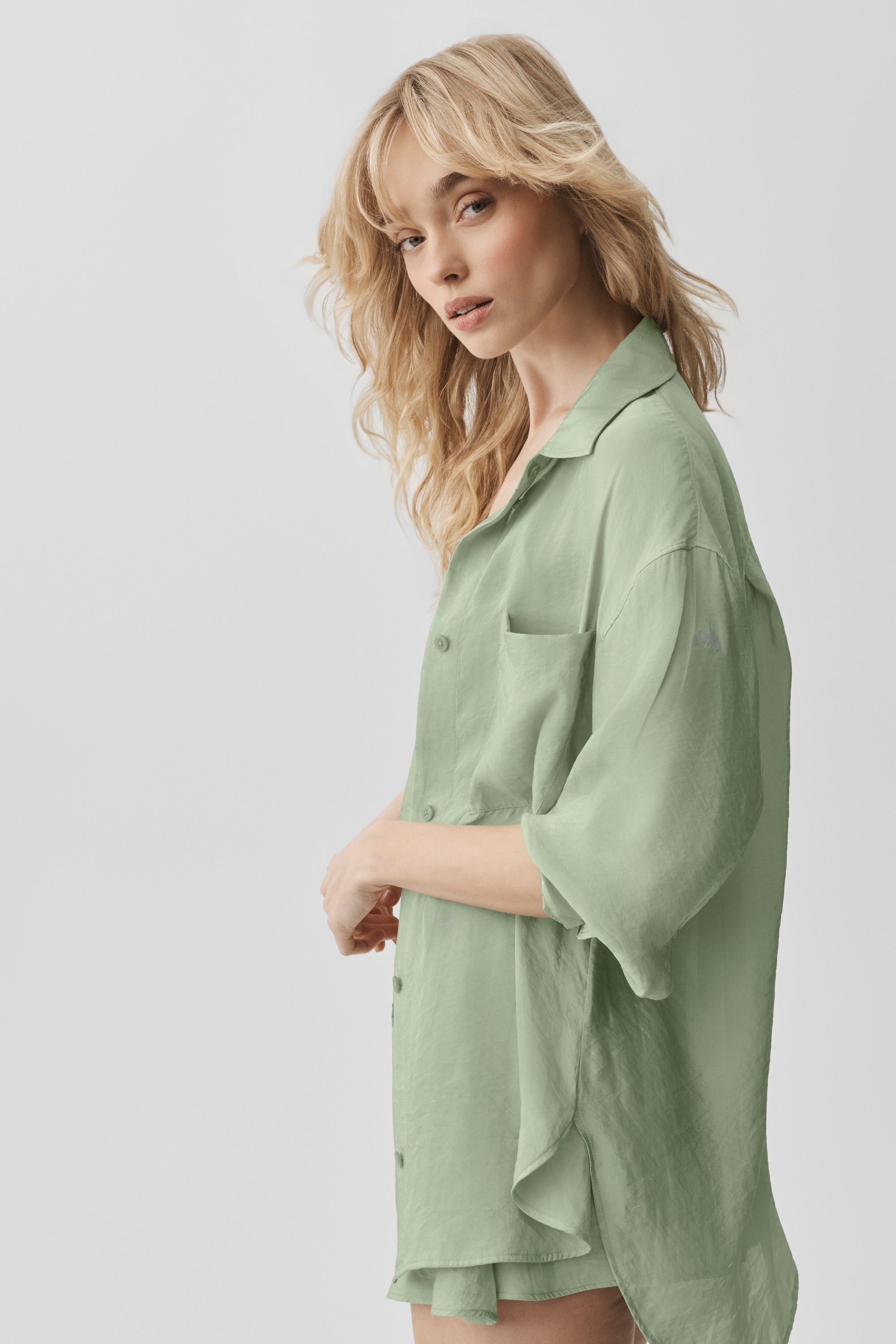Semi-Sheer Golden Hour Button Down Long Sleeve - Dune Grass