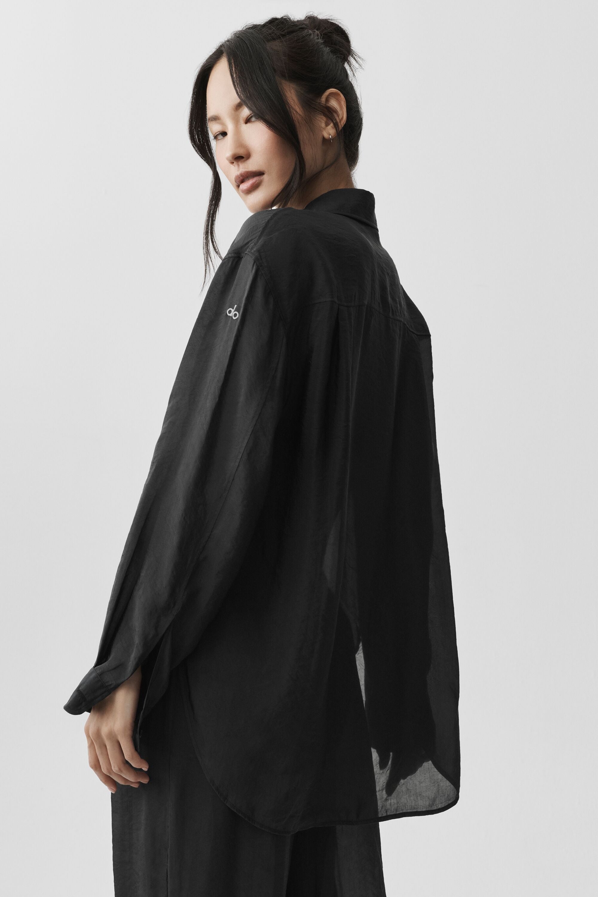 Semi-Sheer Golden Hour Button Down Long Sleeve - Black