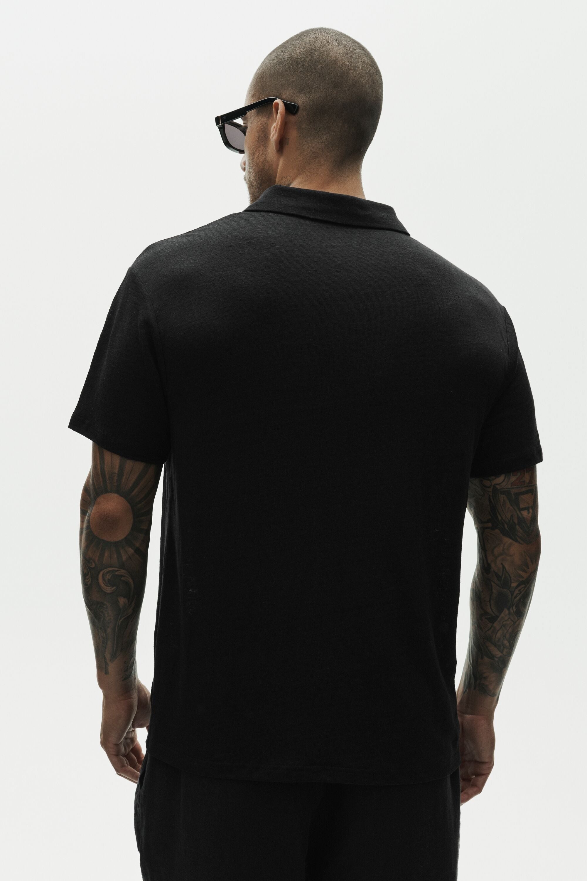 Linen Jersey Coastal Short Sleeve Polo - Black
