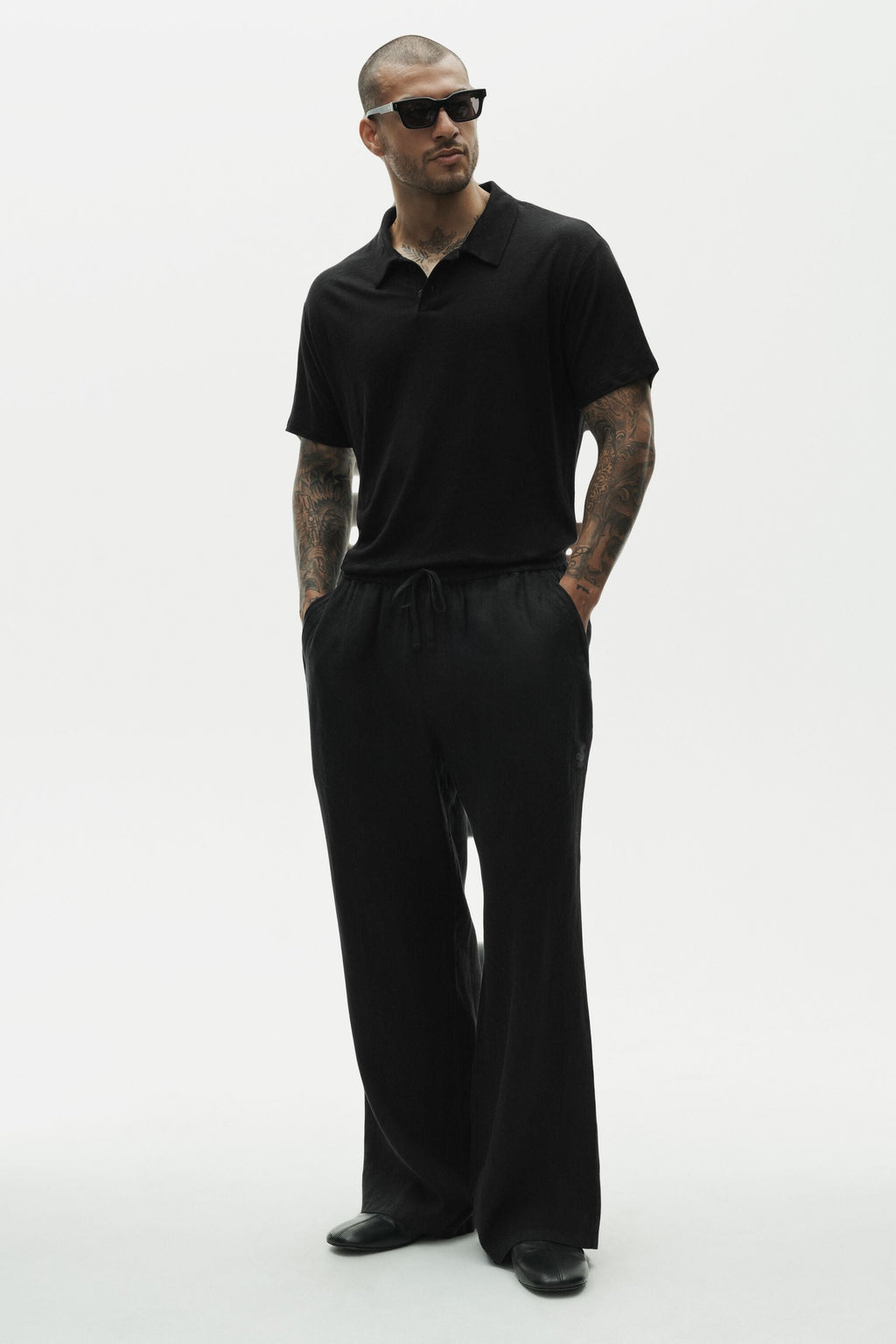 Linen Jersey Coastal Short Sleeve Polo - Black