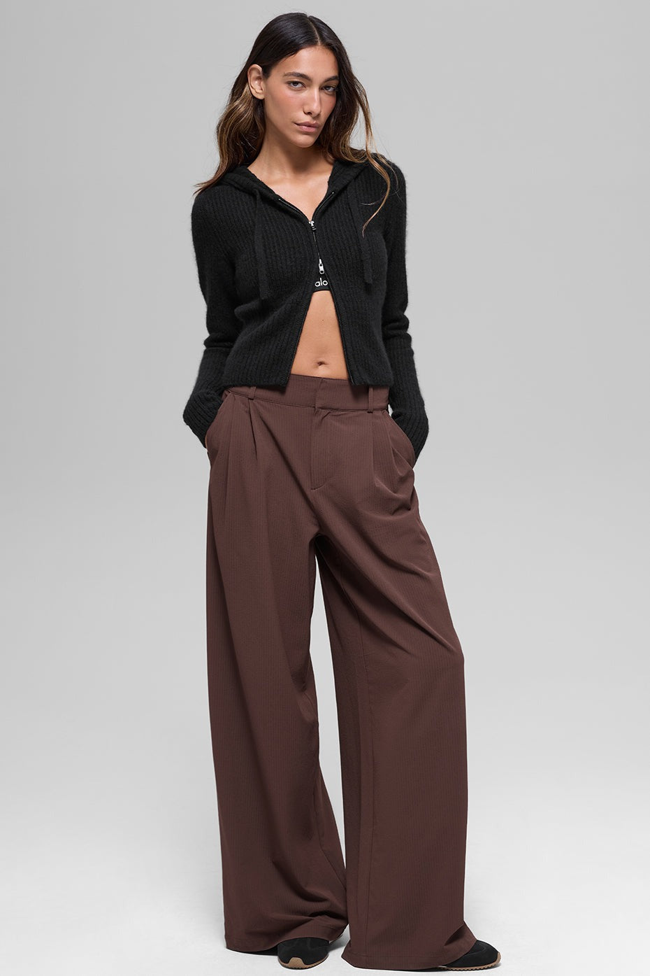 Wool Cashmere Ribbed Noble Full Zip Hoodie - Black