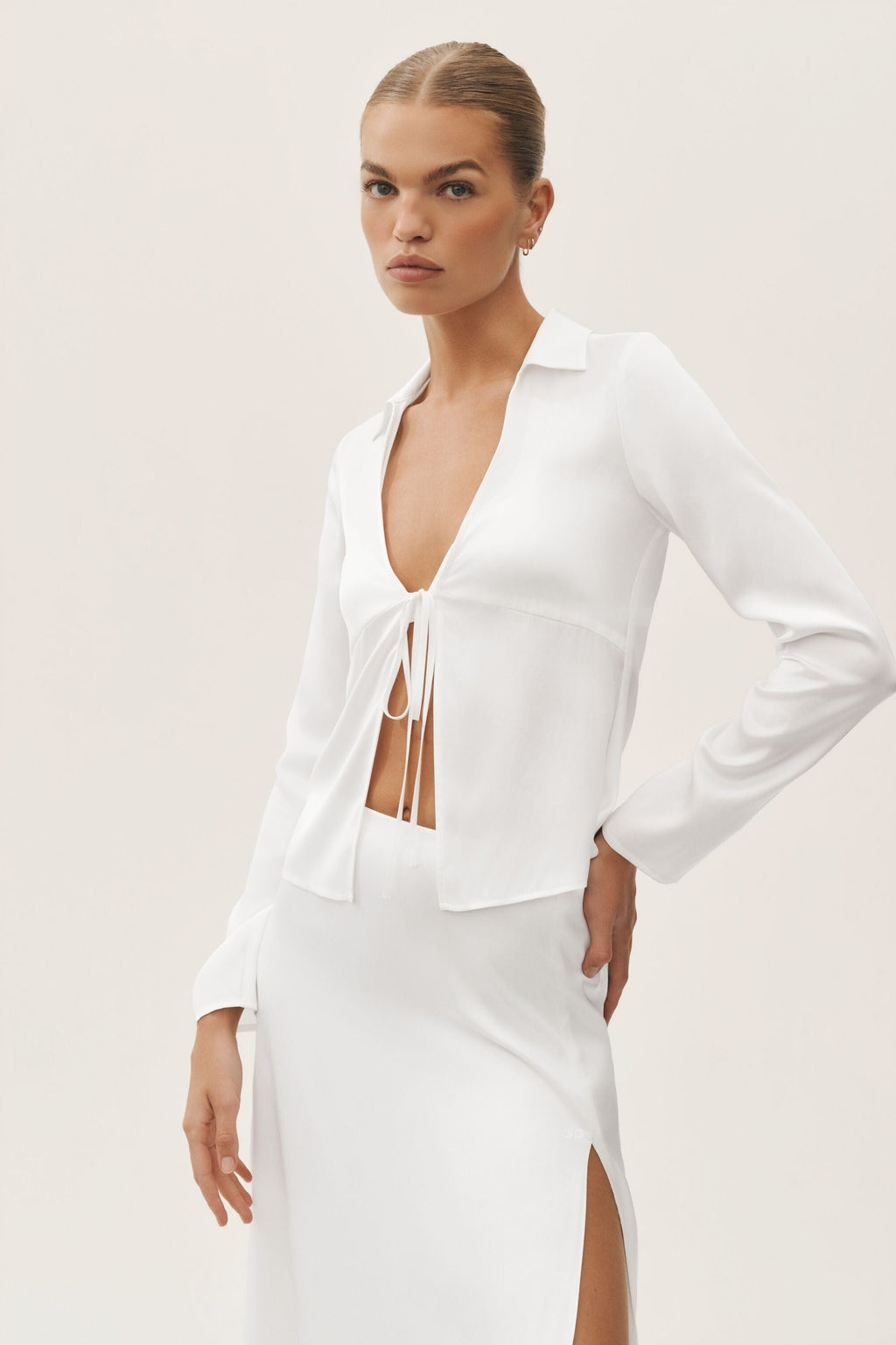 Silk Blend Radiance Long Sleeve Top - White