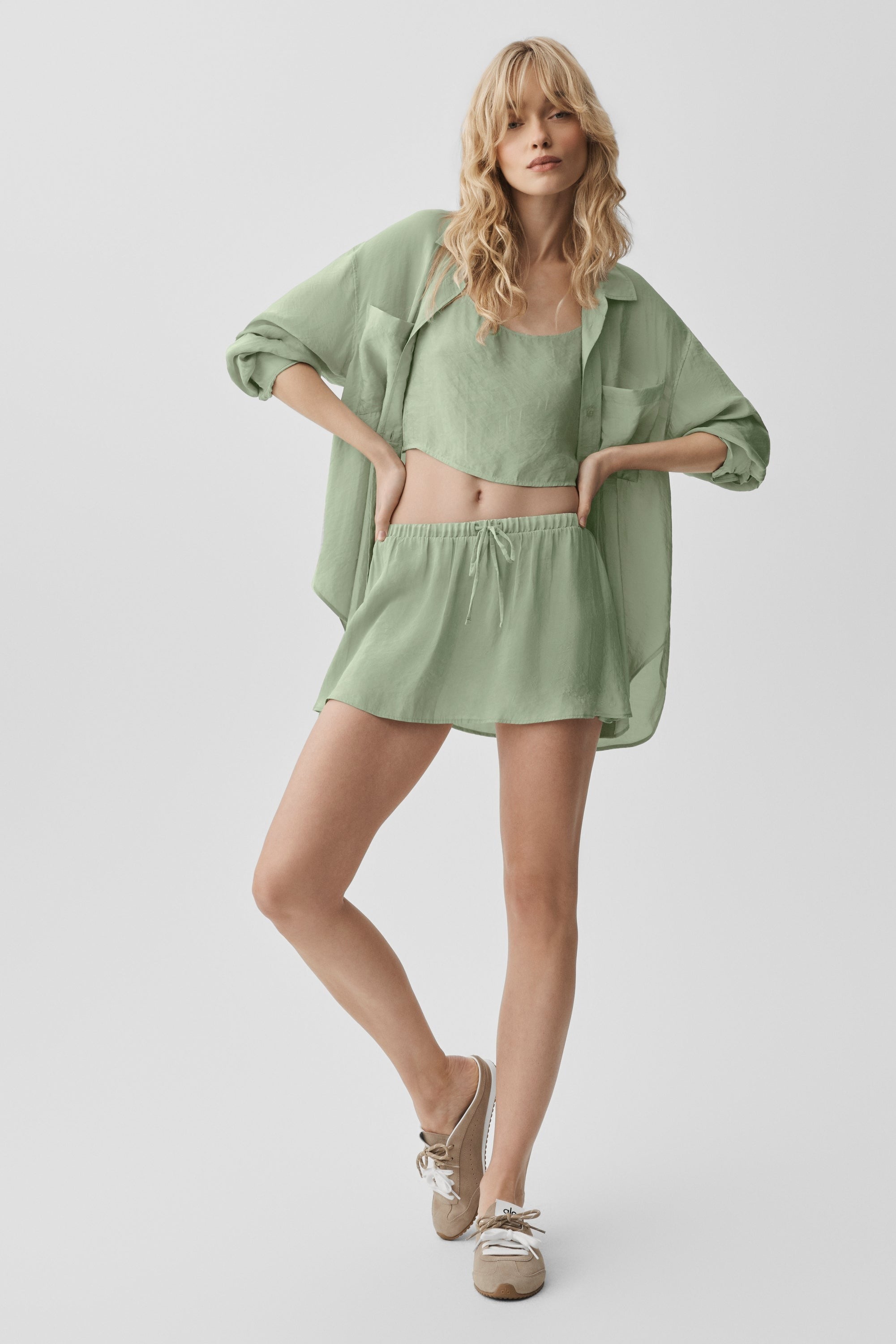 Semi-Sheer Golden Hour Button Down Long Sleeve - Dune Grass