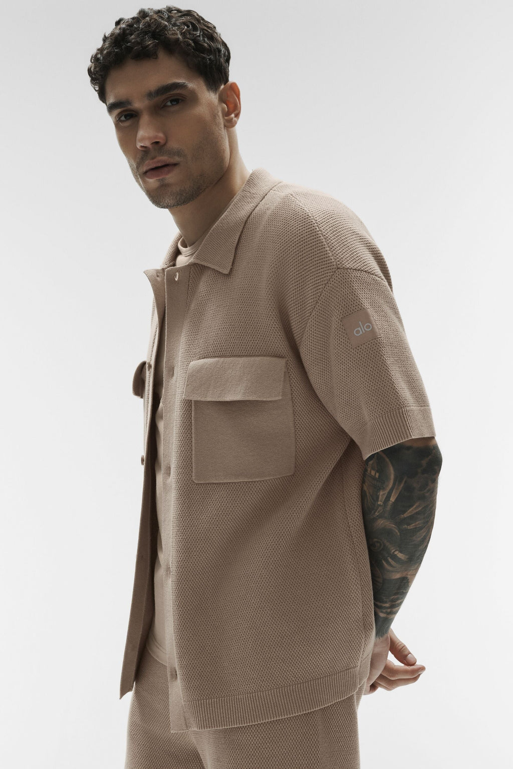 Sports Club Sweater Knit Short Sleeve Button Up - Gravel
