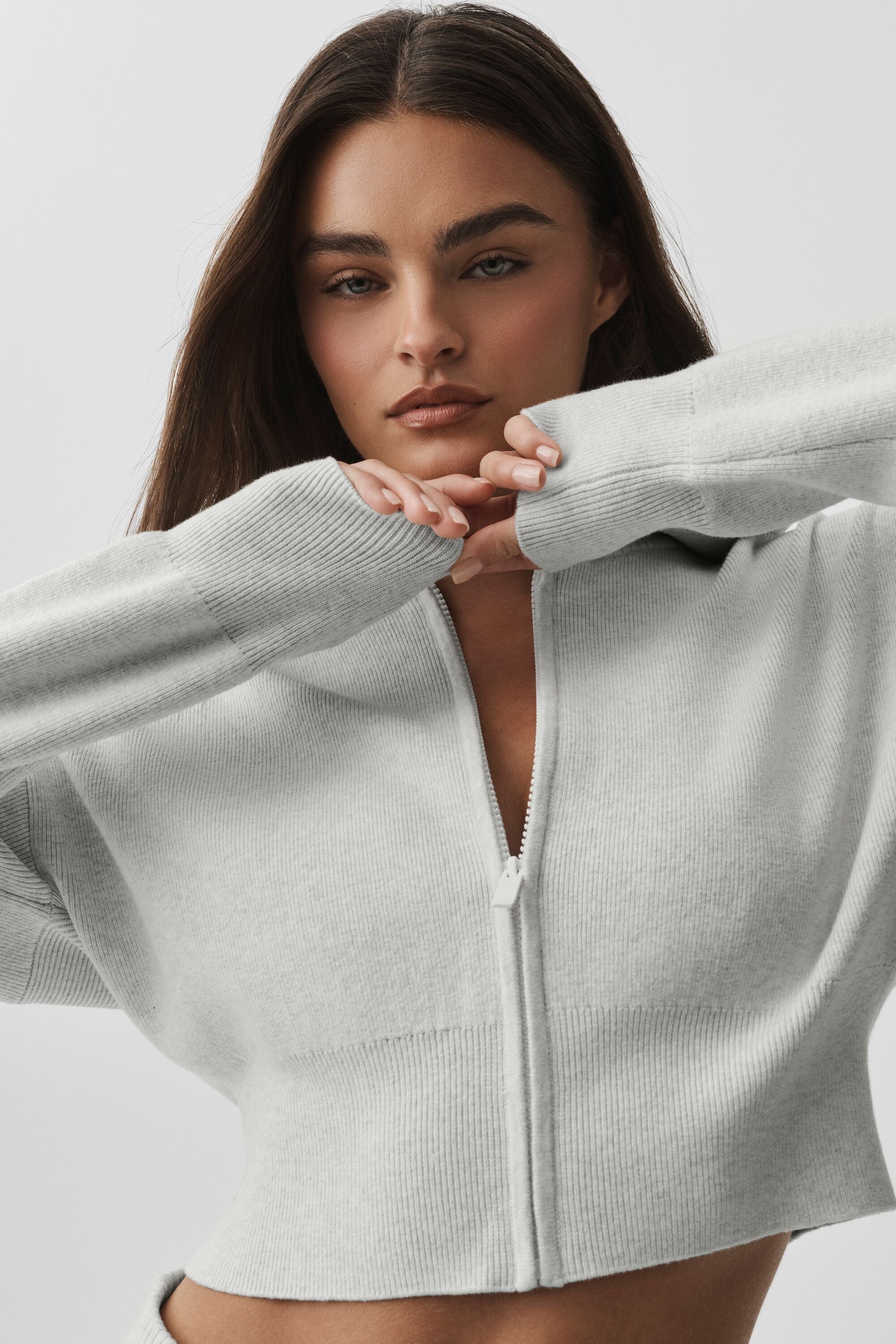 Scholar Knit Cropped Full Zip Jacket - White Heather