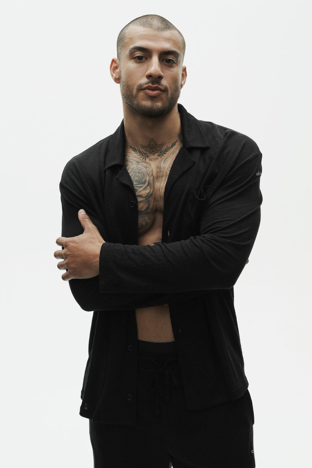 Linen Jersey Coastal Long Sleeve Button Up - Black