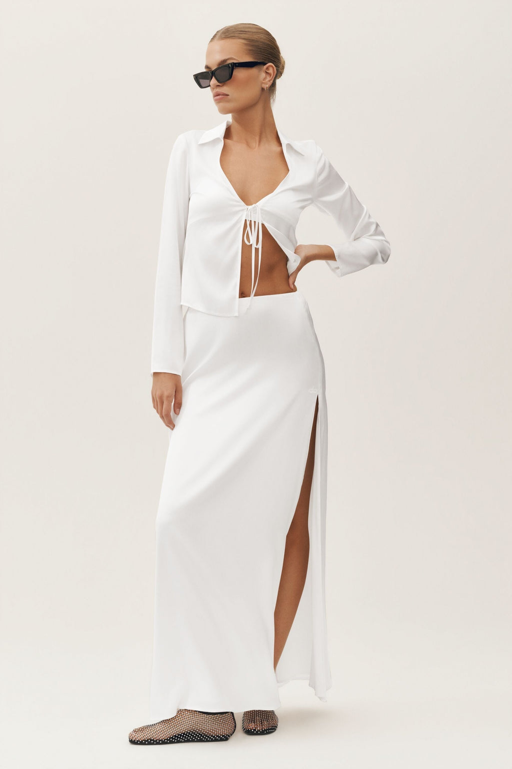 Silk Blend Radiance Long Sleeve Top - White