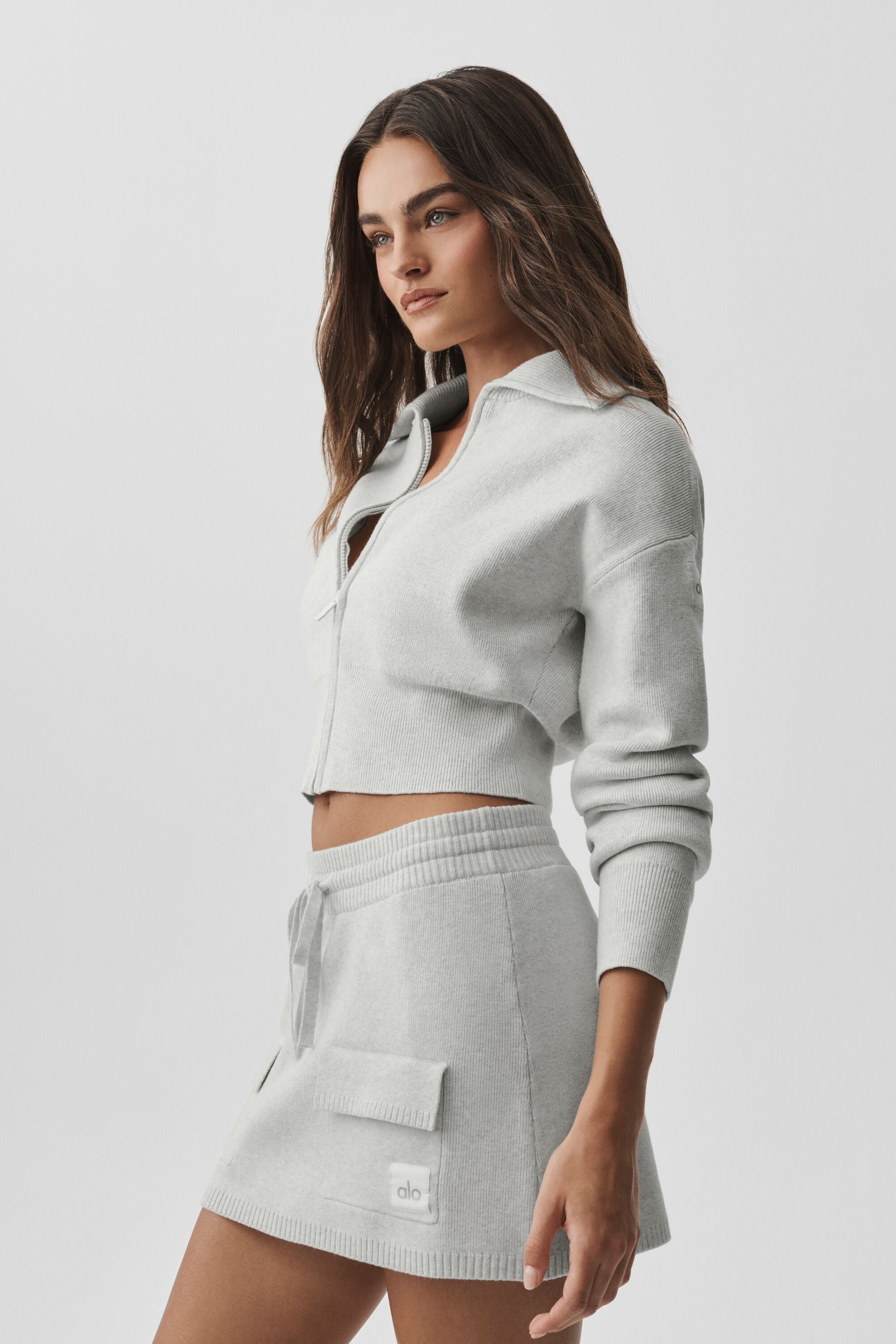 Scholar Knit Cropped Full Zip Jacket - White Heather