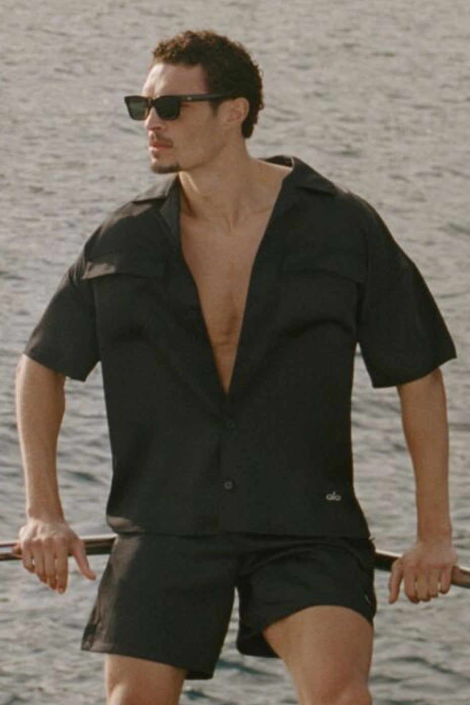 Satin Horizon Short Sleeve Button Up - Black