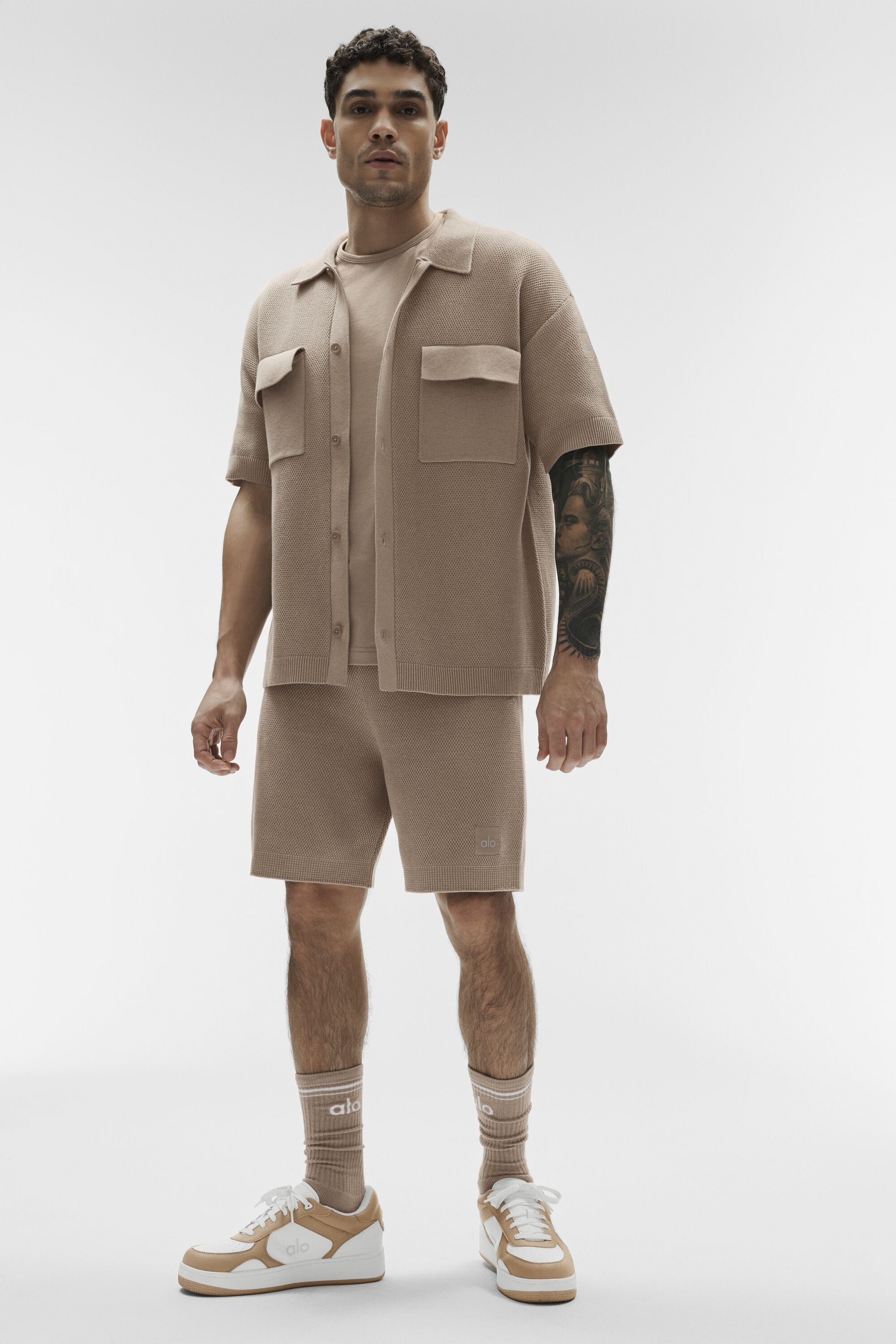 Sports Club Sweater Knit Short Sleeve Button Up - Gravel