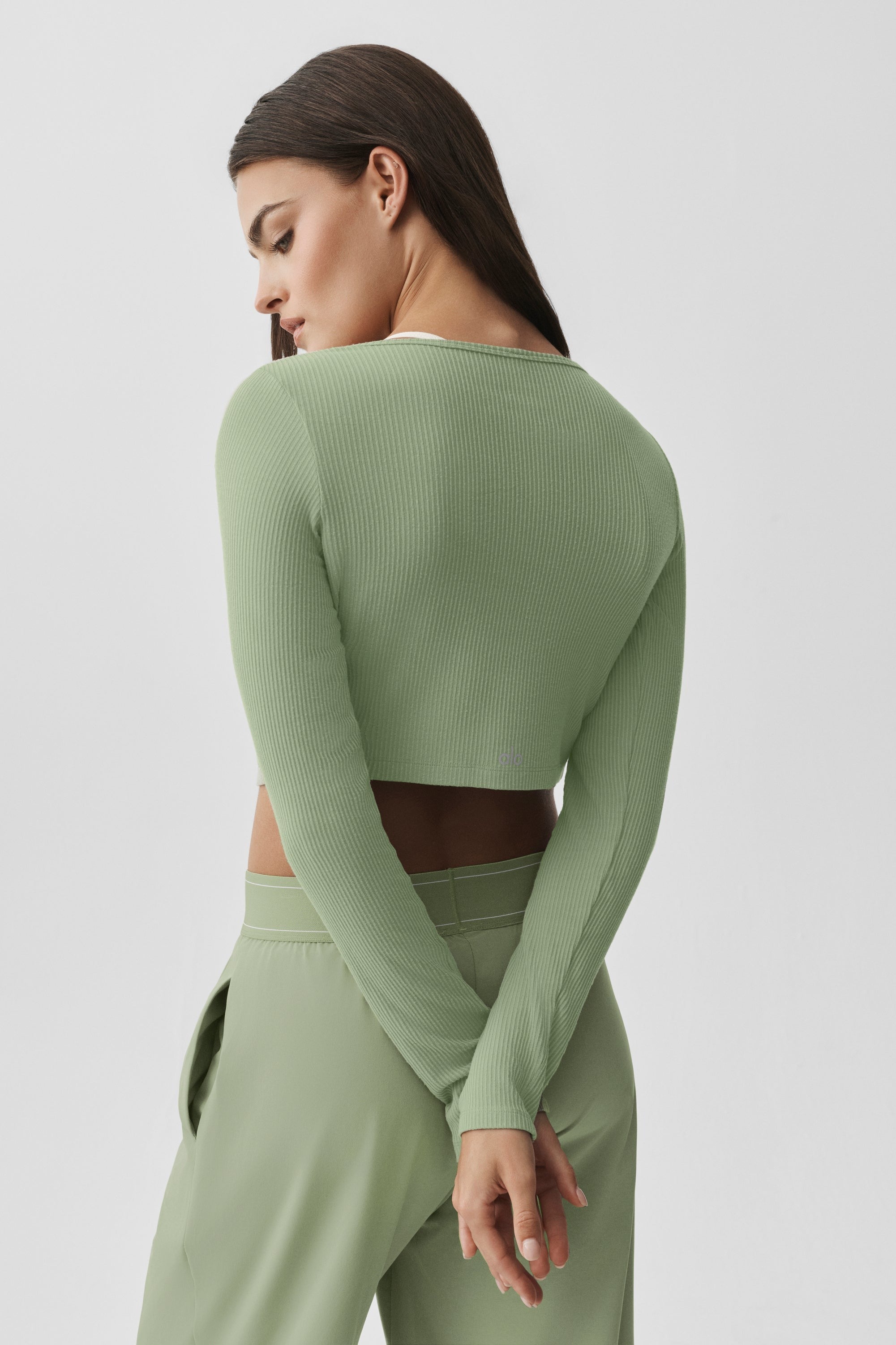 Ribbed Cropped Whisper Cardigan - Dune Grass