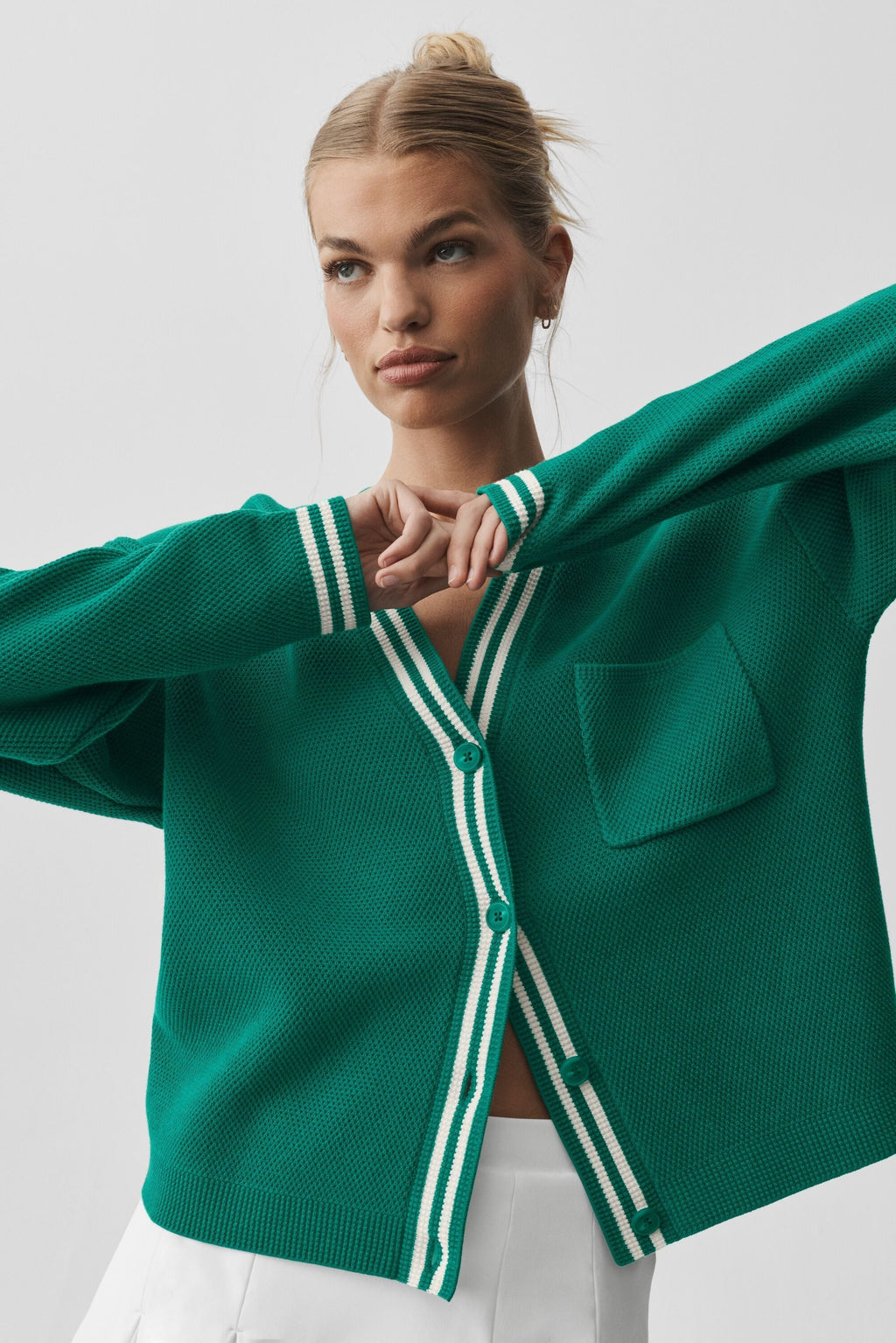 Tennis Club Sweater Knit Cardigan - Emerald Isle/Ivory