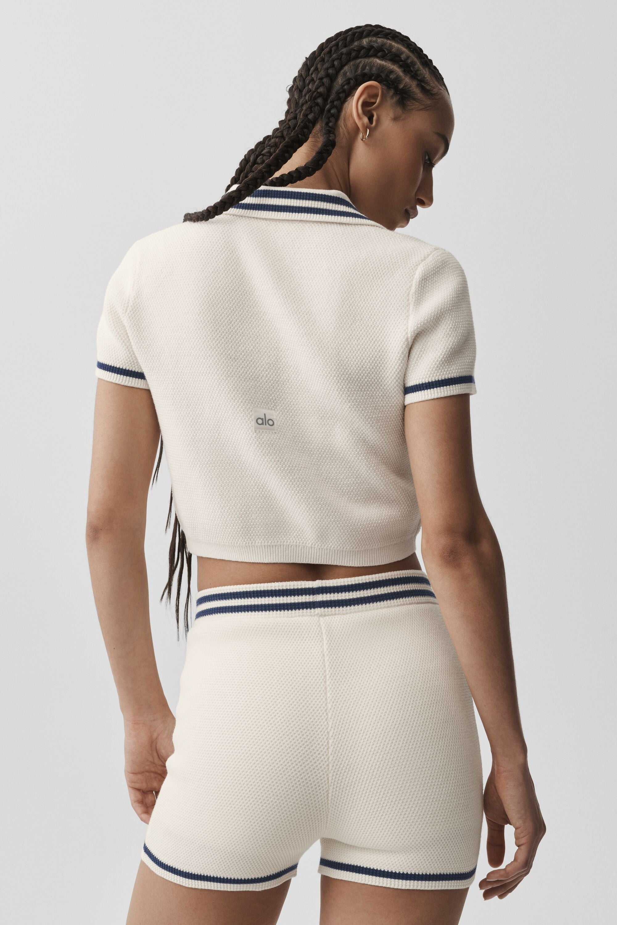Tennis Club Sweater Knit Cropped Polo - Ivory/Navy