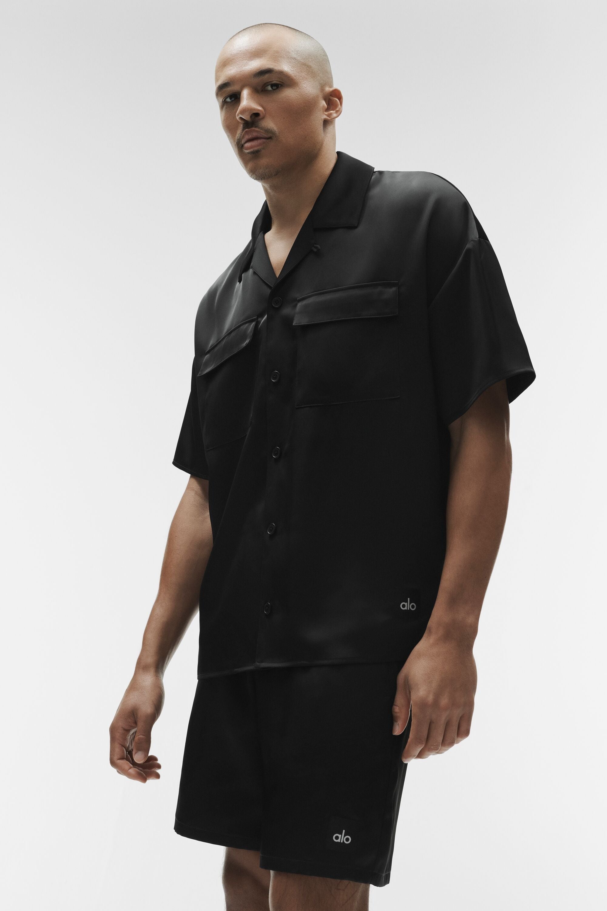 Satin Horizon Short Sleeve Button Up - Black