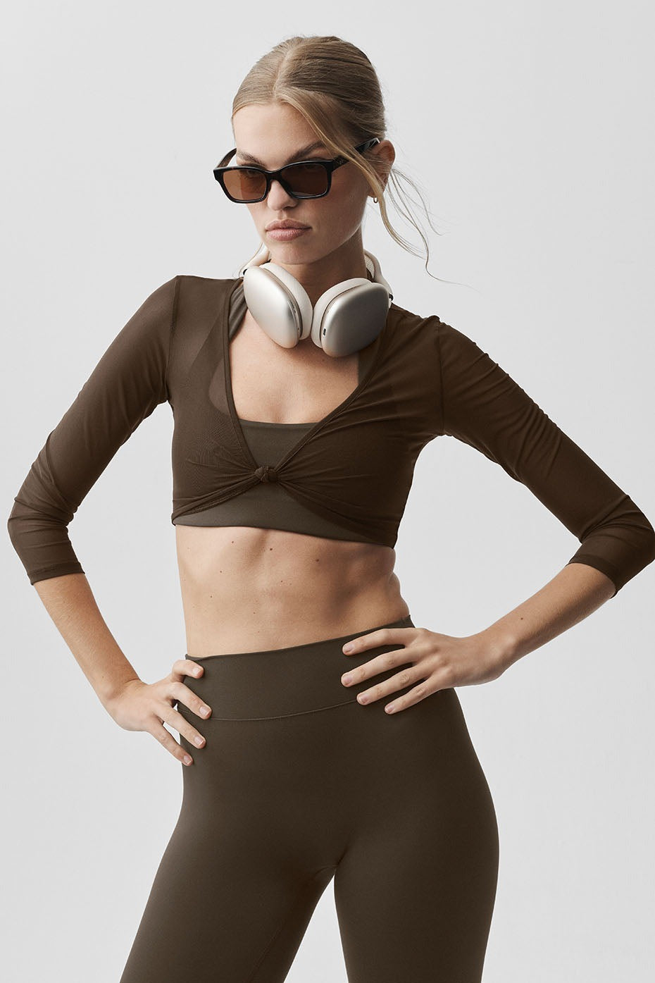 Mesh Knotty 3/4 Sleeve Top - Espresso