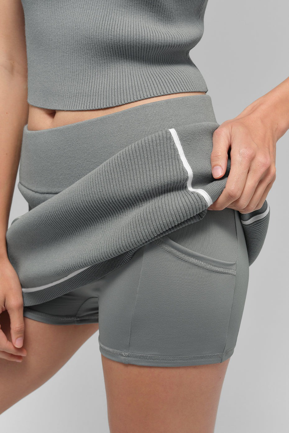 Ribbed Sweater Knit Highline Mini Skirt - Lunar Grey/White