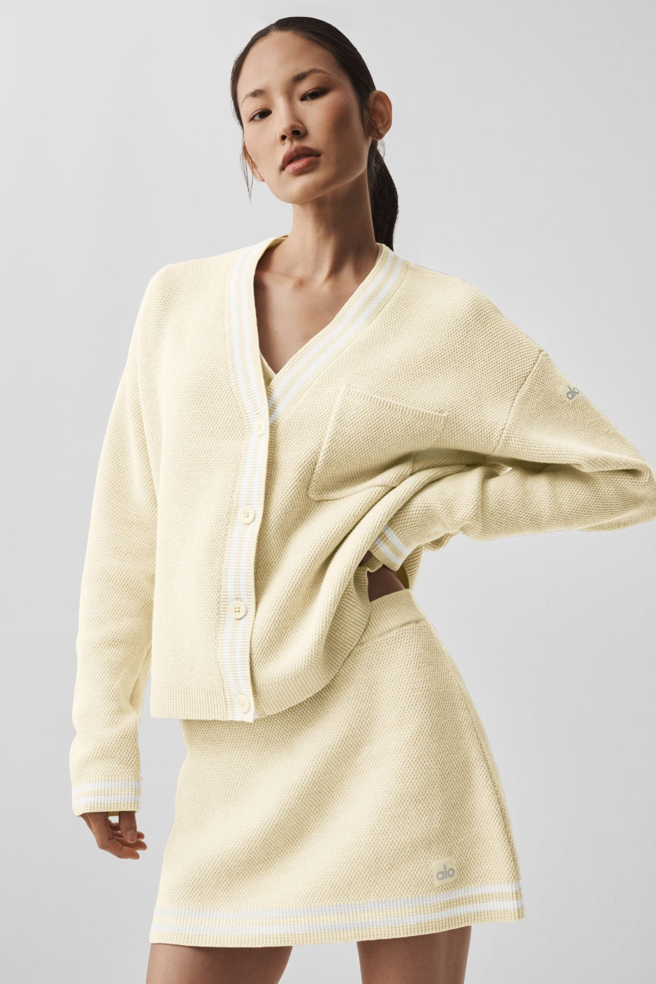 Tennis Club Sweater Knit Cardigan - Oatmeal/White