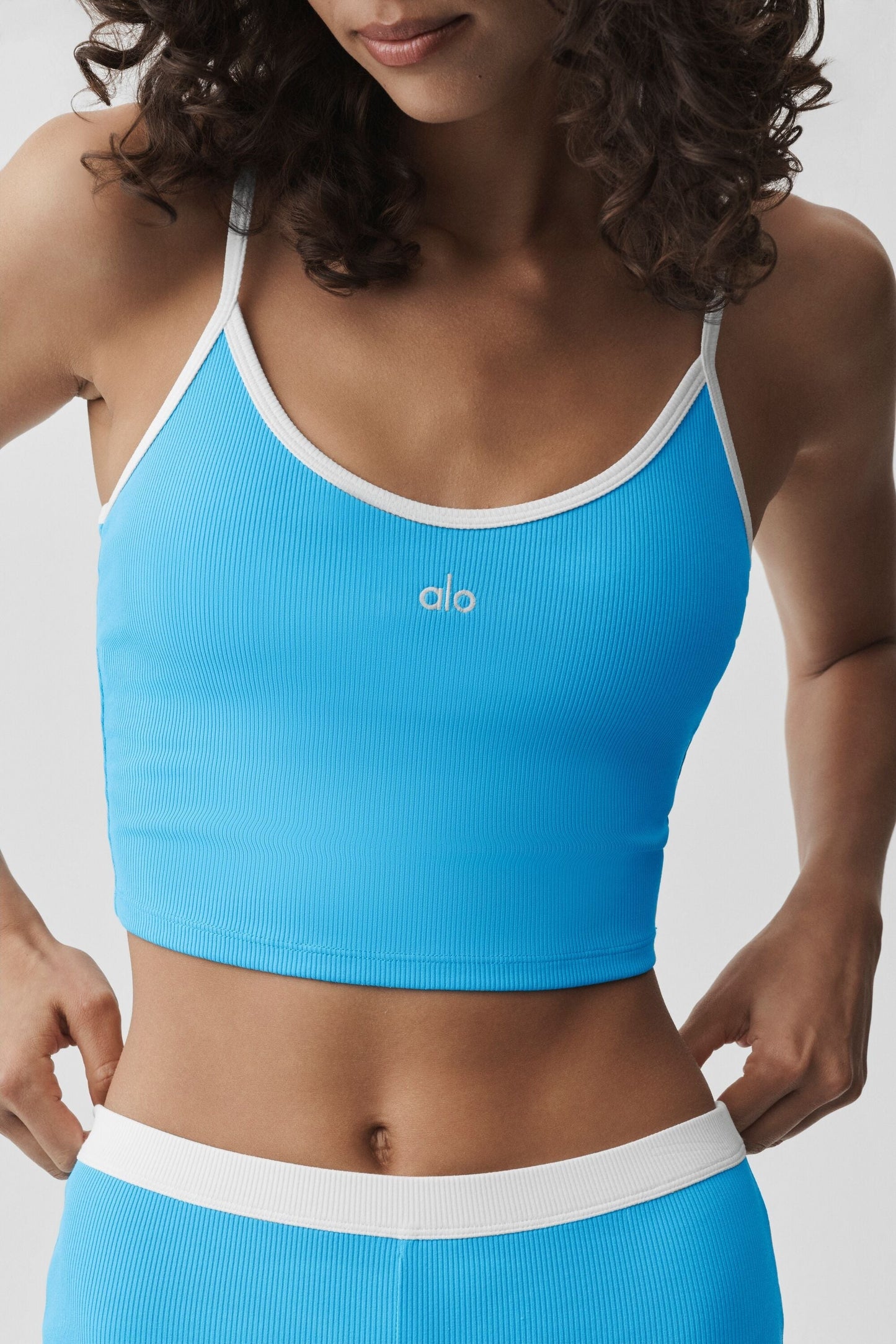 Goddess Ribbed First Pick Bra Tank - Azure Blue/White