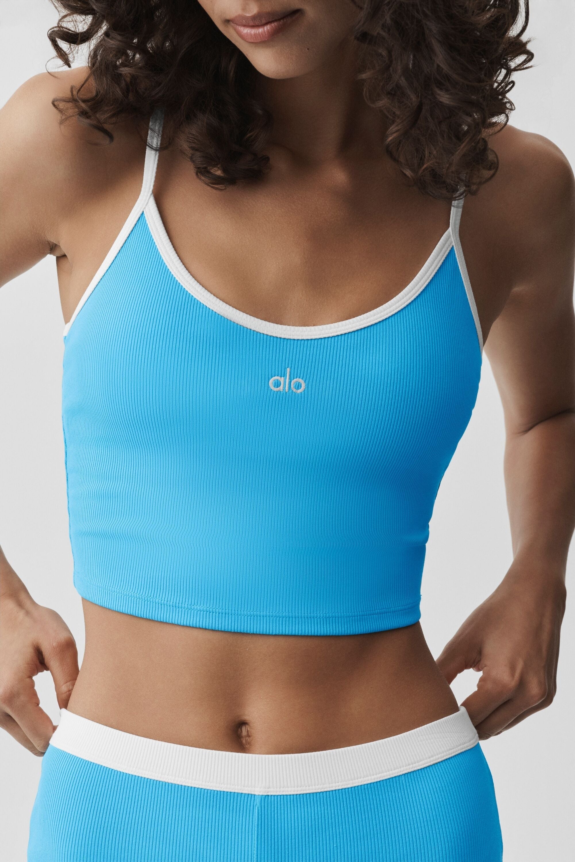 Goddess Ribbed First Pick Bra Tank - Azure Blue/White
